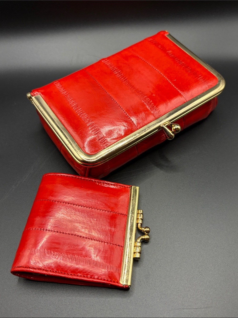 Vintage Red Genuine Eel Skin Wallet Coin Purse Clutch Travel Accessory, Korea
